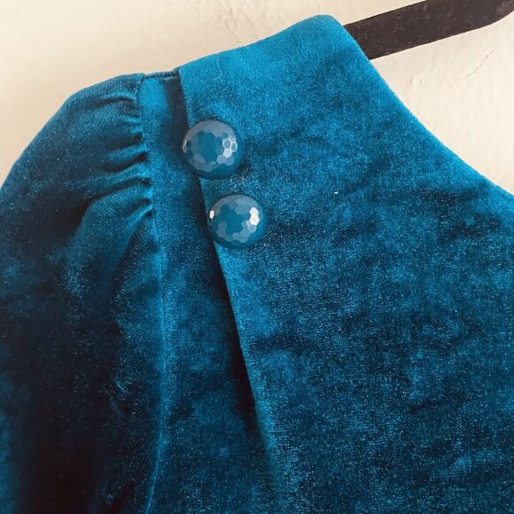 Jodi Michaels Vintage Dress M Back Buttons Puff Sleeves Velvet Turquoise Green - Picture 5 of 16